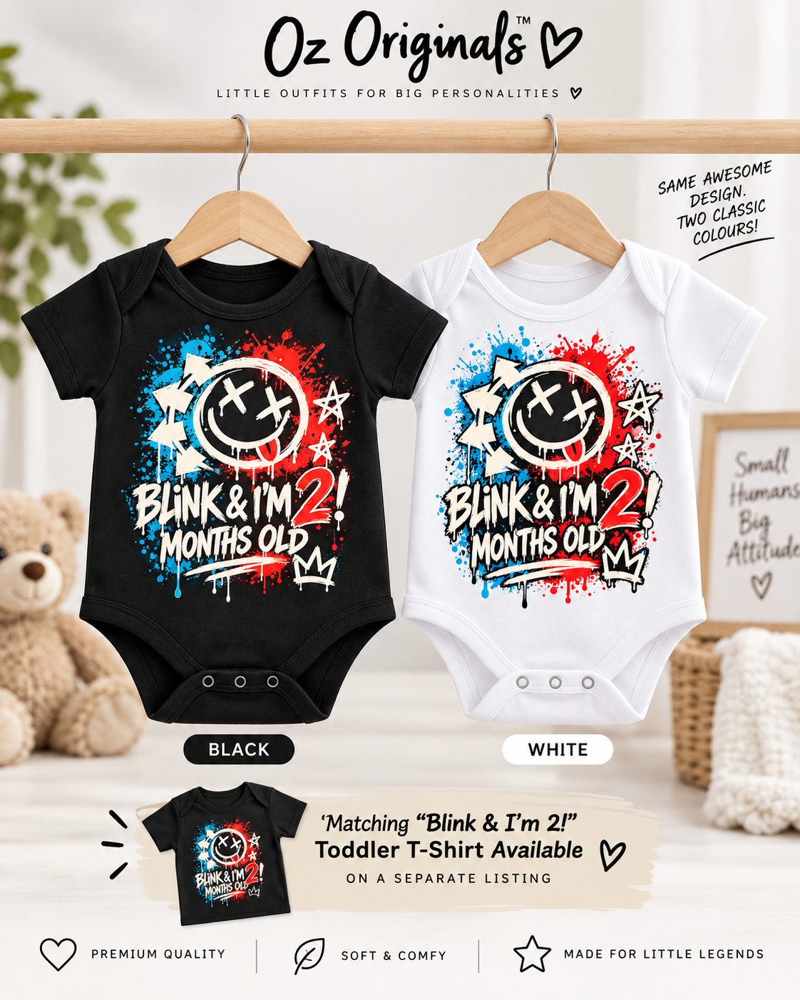 Blink & I’m 2 Months Old Baby Vest – Black or White | Alternative Baby Clothing
