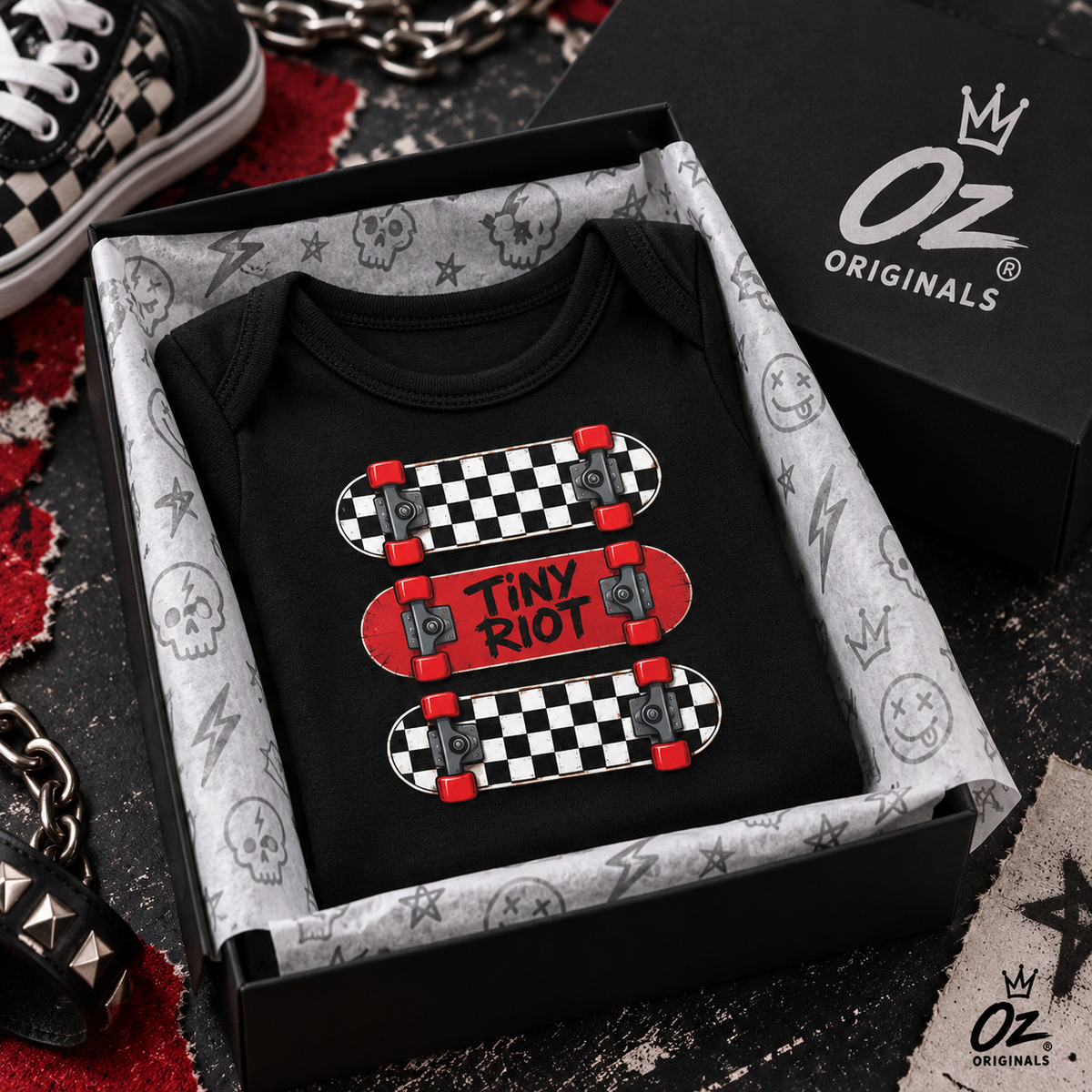 Tiny Riot Skateboard Baby Vest | Alternative Baby Clothes | Checkerboard Punk Baby Outfit