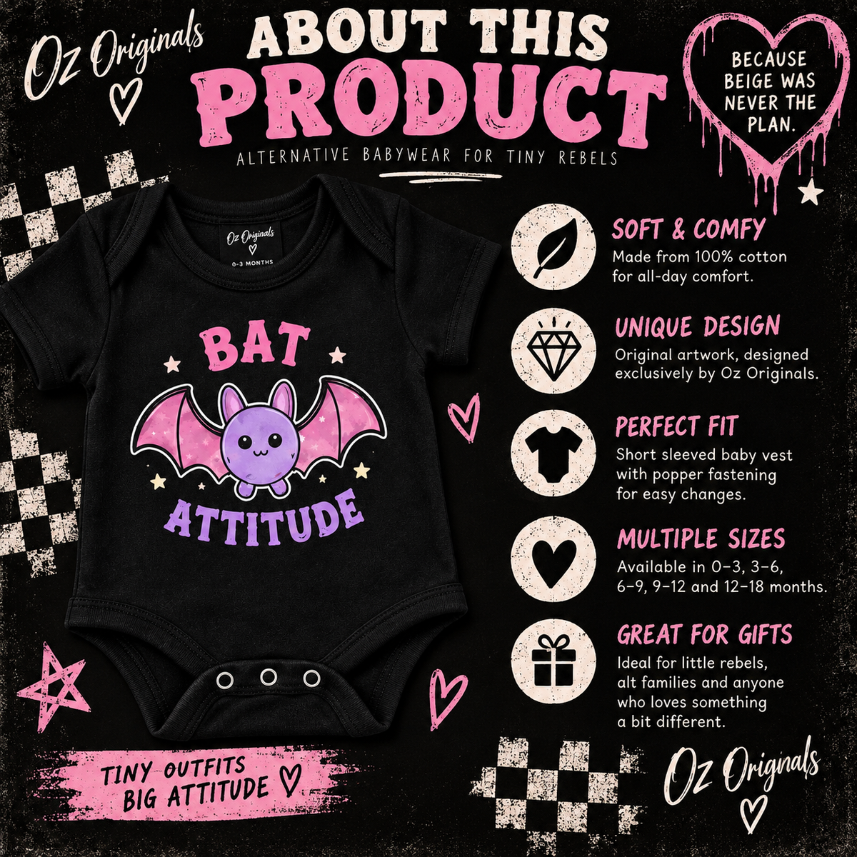 Bat Attitude Baby Vest | Alternative Halloween Baby Bodysuit 🦇 🩷💜
