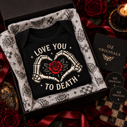 Love You to Death Gothic Baby Vest – Black Skeleton Heart & Red Rose Bodysuit