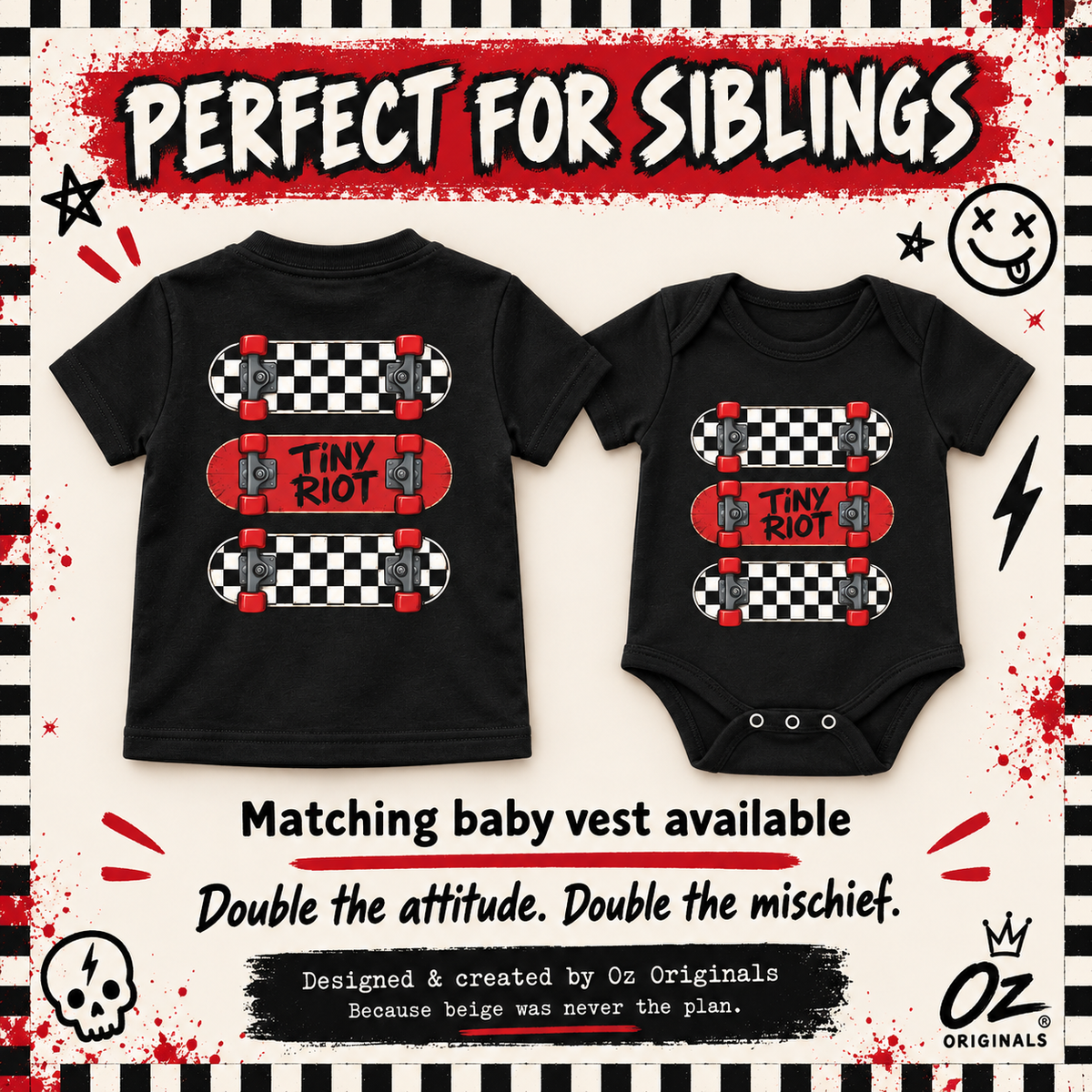 Tiny Riot Skateboard Baby Vest | Alternative Baby Clothes | Checkerboard Punk Baby Outfit