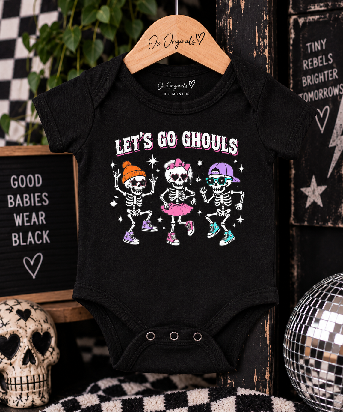 Let’s Go Ghouls Baby Vest | Dancing Skeleton Halloween Baby Bodysuit | October Oddities 💀🖤