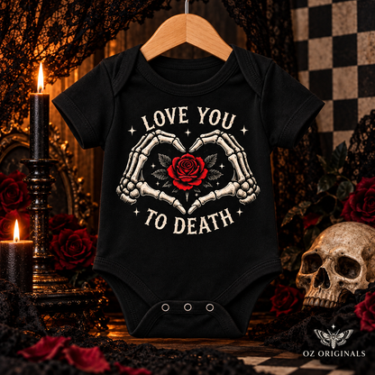 Love You to Death Gothic Baby Vest – Black Skeleton Heart & Red Rose Bodysuit