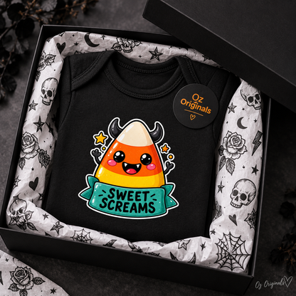 Sweet Screams Halloween Baby Vest – Black Alternative Candy Corn Bodysuit 🍭 🧡