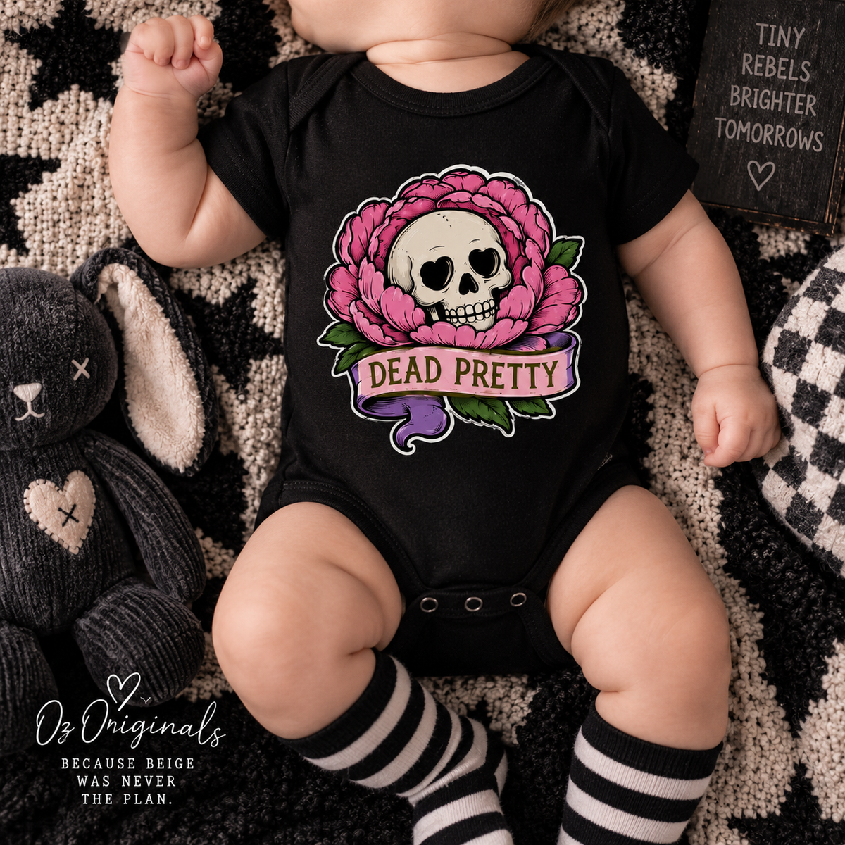 Dead Pretty Baby Vest | Skull & Pink Flower Alternative Baby Bodysuit | Gothic Baby Clothes flower 🩷