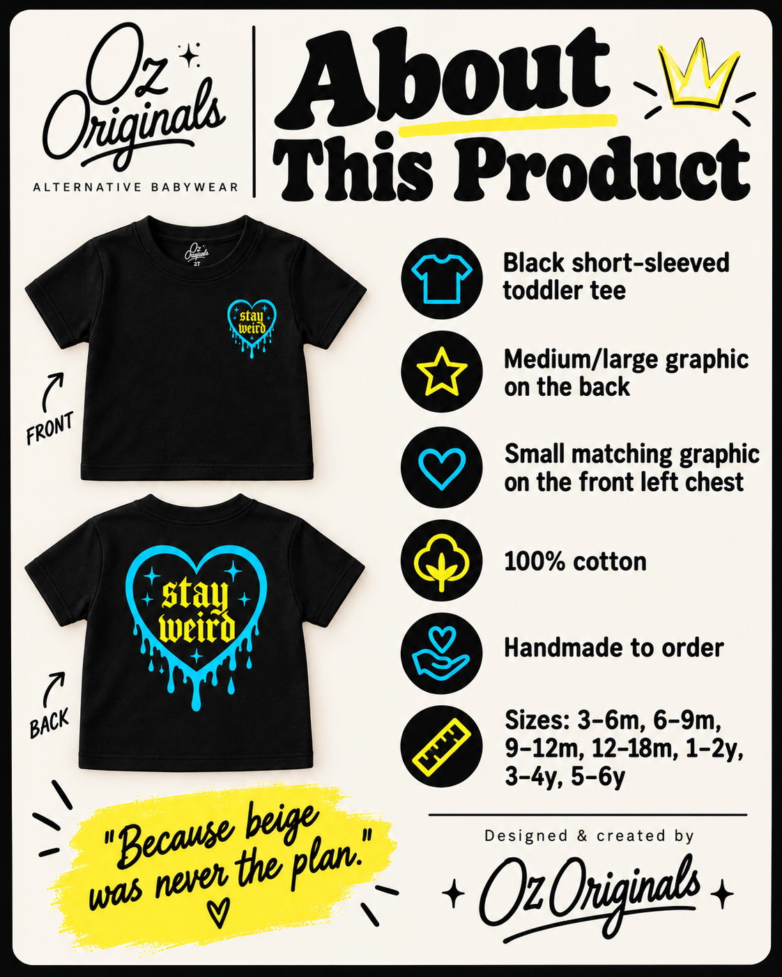 Stay Weird Toddler Tee | Alternative Kids T-Shirt | 2 Colour Options 🩵🩷💛💚
