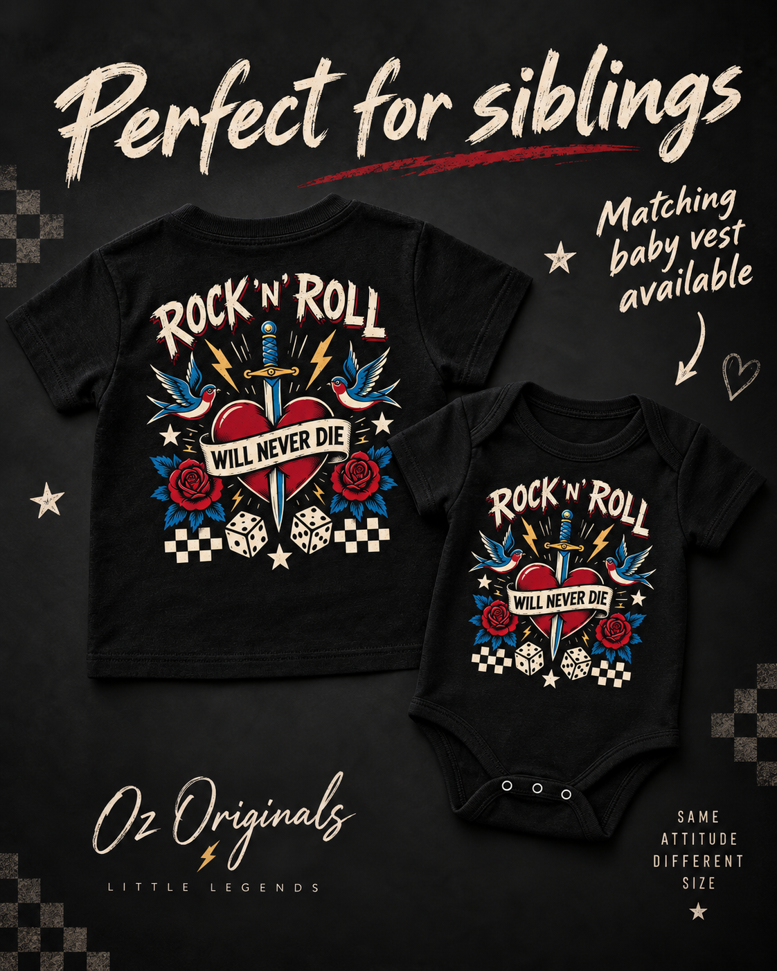 Rock ’N’ Roll Will Never Die Toddler T-Shirt | Black Alternative Kids Tee