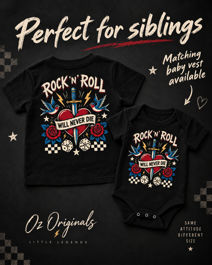 Rock ’N’ Roll Will Never Die Toddler T-Shirt | Black Alternative Kids Tee