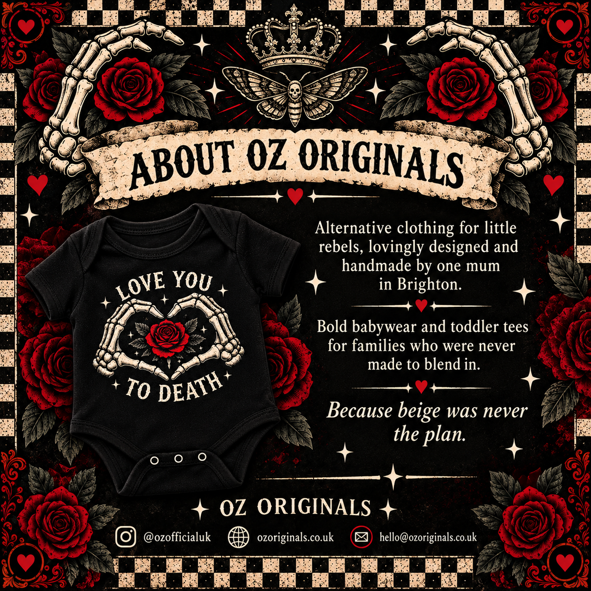 Love You to Death Gothic Baby Vest – Black Skeleton Heart & Red Rose Bodysuit