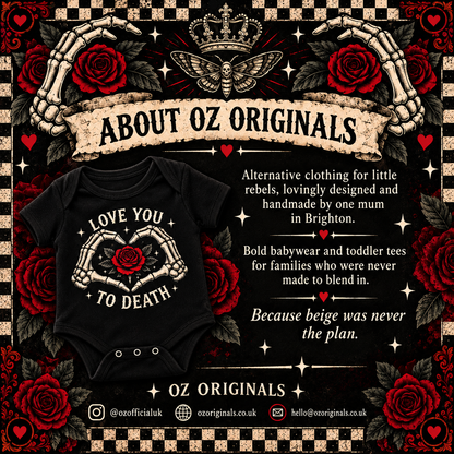 Love You to Death Gothic Baby Vest – Black Skeleton Heart & Red Rose Bodysuit
