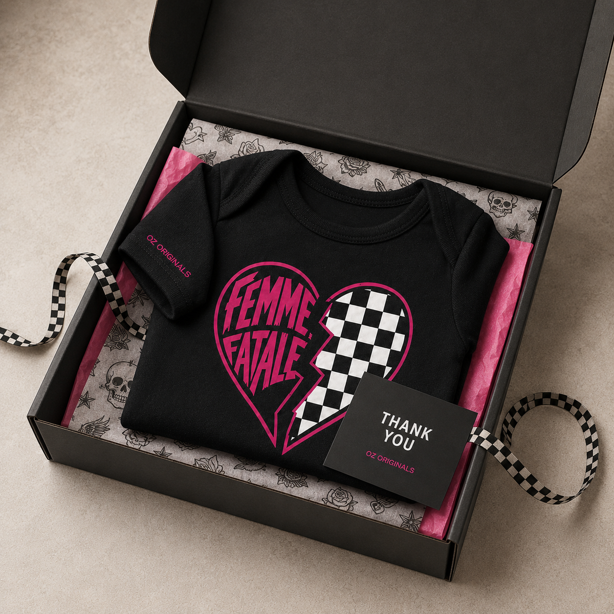 Femme Fatale Baby Vest | Pink Checkerboard Alternative Baby Bodysuit | Punk Baby Clothes 🩷⚡️
