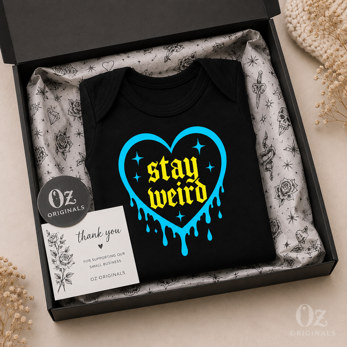 Stay Weird Baby Vest | Halloween Baby Clothes | Alternative Baby Bodysuit | Goth Baby Vest | Spooky Baby Gift | October Oddities 🩷💚