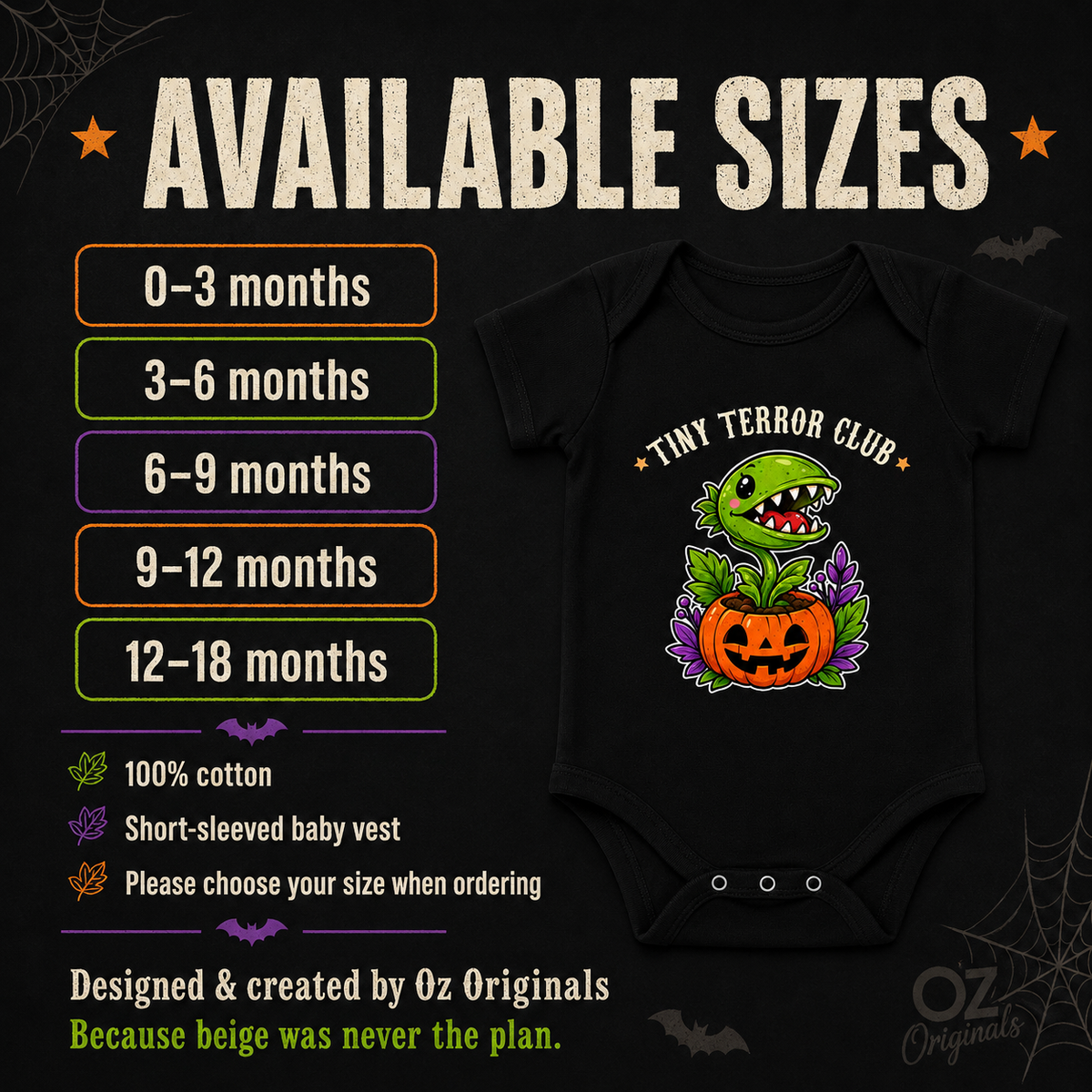 Tiny Terror Club Halloween Baby Vest, Cute Monster Plant Pumpkin Bodysuit, Alternative Spooky Baby Outfit