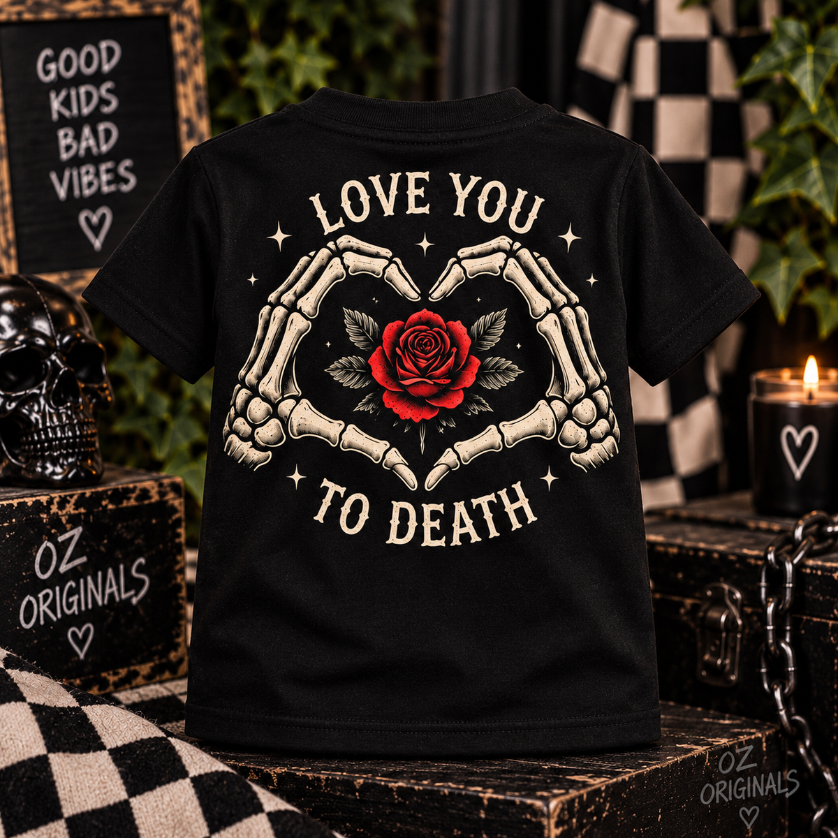 Love You to Death Toddler Tee | Gothic Skeleton Heart & Rose Alternative Kids T-Shirt