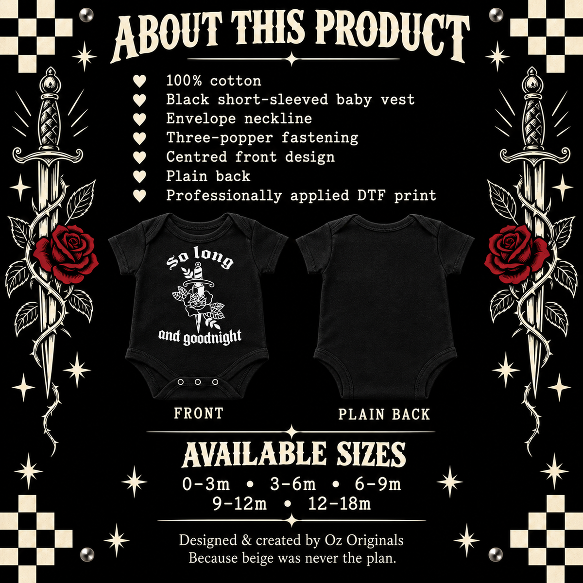 So Long & Goodnight Baby Vest | Dagger & Rose Alternative Baby Bodysuit | Baby Bands Collection