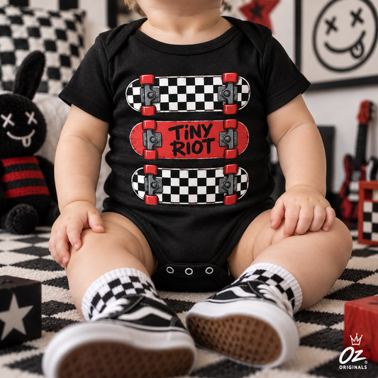 Tiny Riot Skateboard Baby Vest | Alternative Baby Clothes | Checkerboard Punk Baby Outfit