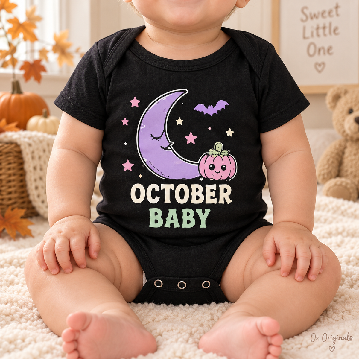 October Baby Halloween Moon & Pumpkin Black Baby Vest