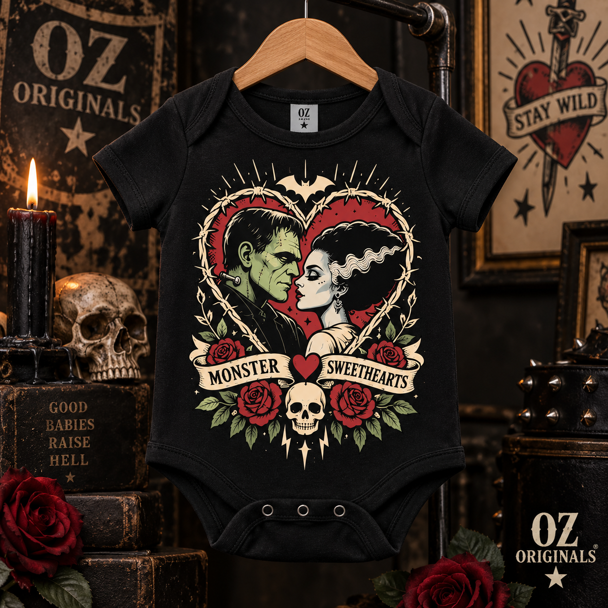 Monster Sweethearts Baby Vest | Gothic Tattoo Flash Alternative Babywear ❤️⚡️
