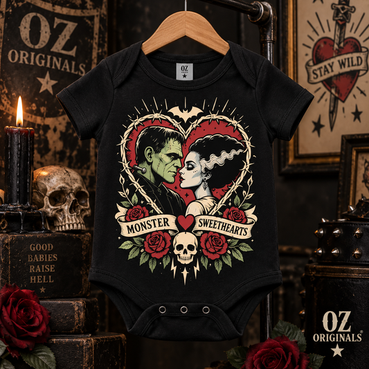 Monster Sweethearts Baby Vest | Gothic Tattoo Flash Alternative Babywear ❤️⚡️