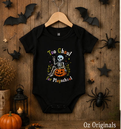 Too Ghoul for Playschool Halloween Baby Vest, Skeleton Pumpkin Bodysuit, Alternative Spooky Baby Outfit 💀