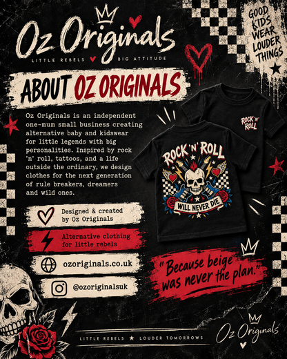 Rock ’N’ Roll Will Never Die Toddler T-Shirt | Black Alternative Kids Tee