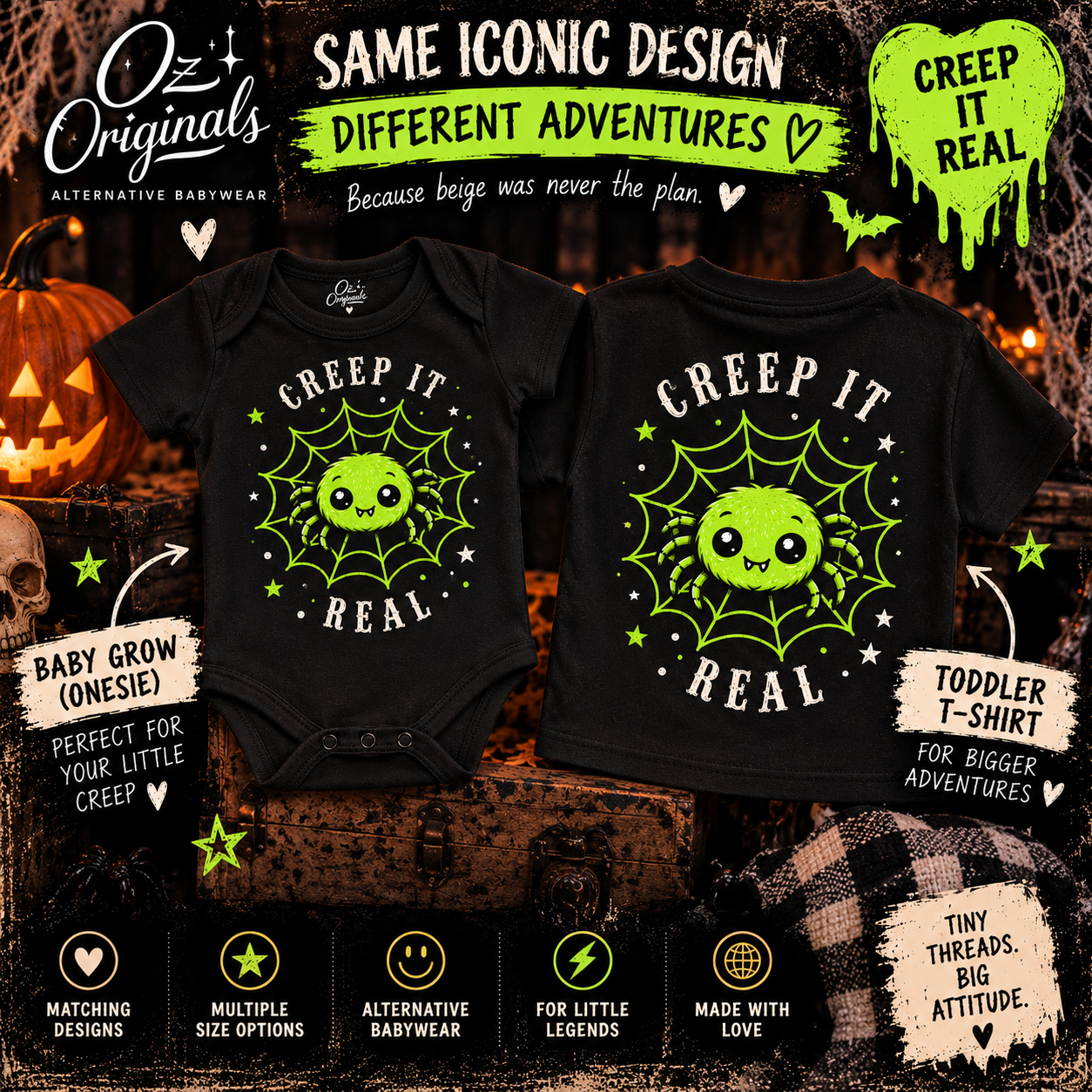 Creep It Real Black Toddler T-Shirt | Alternative Halloween Kids Tee | October Oddities 💚 🕷️