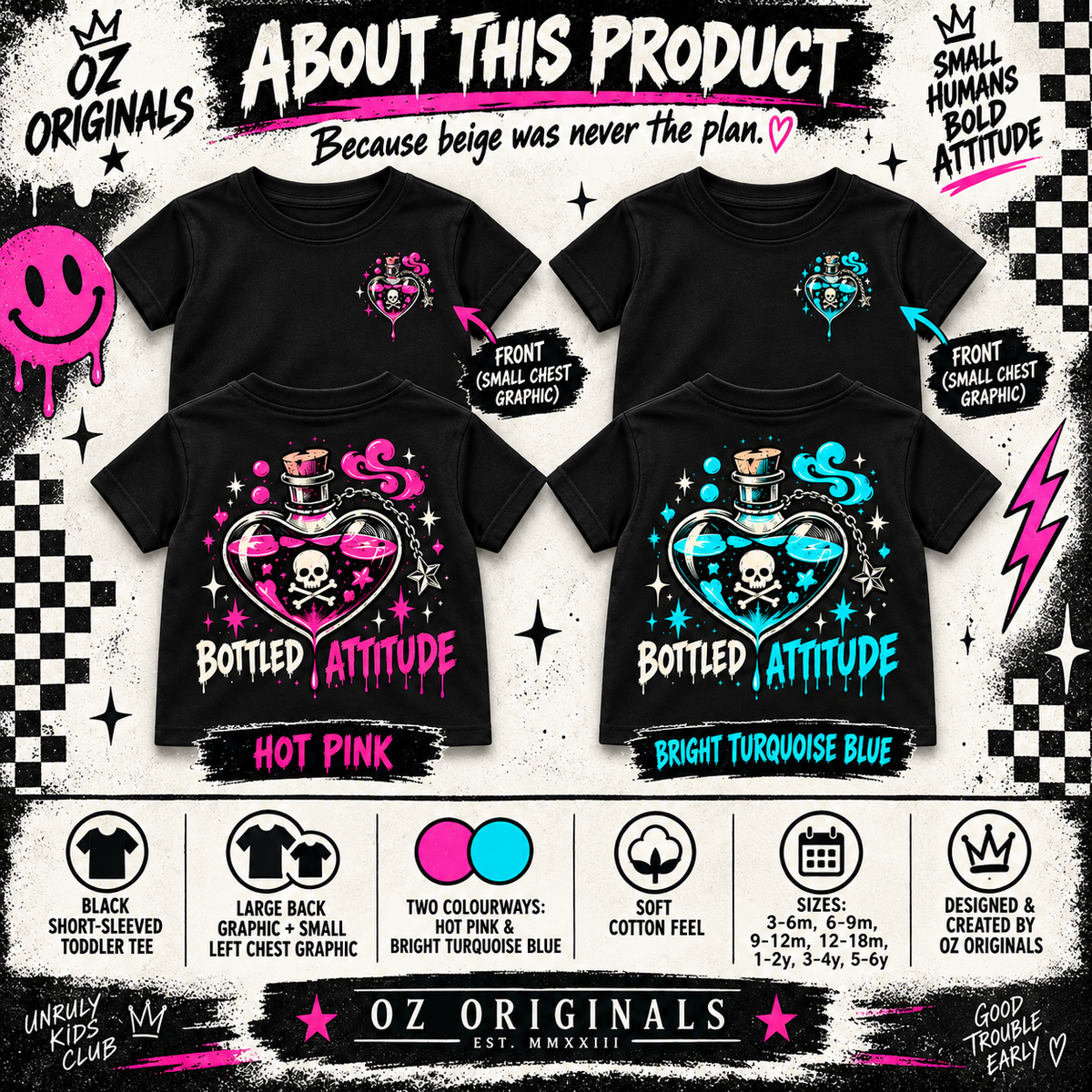 Bottled Attitude Toddler Tee | Hot Pink or Turquoise Blue | Ozzy Flash 🩷🩵