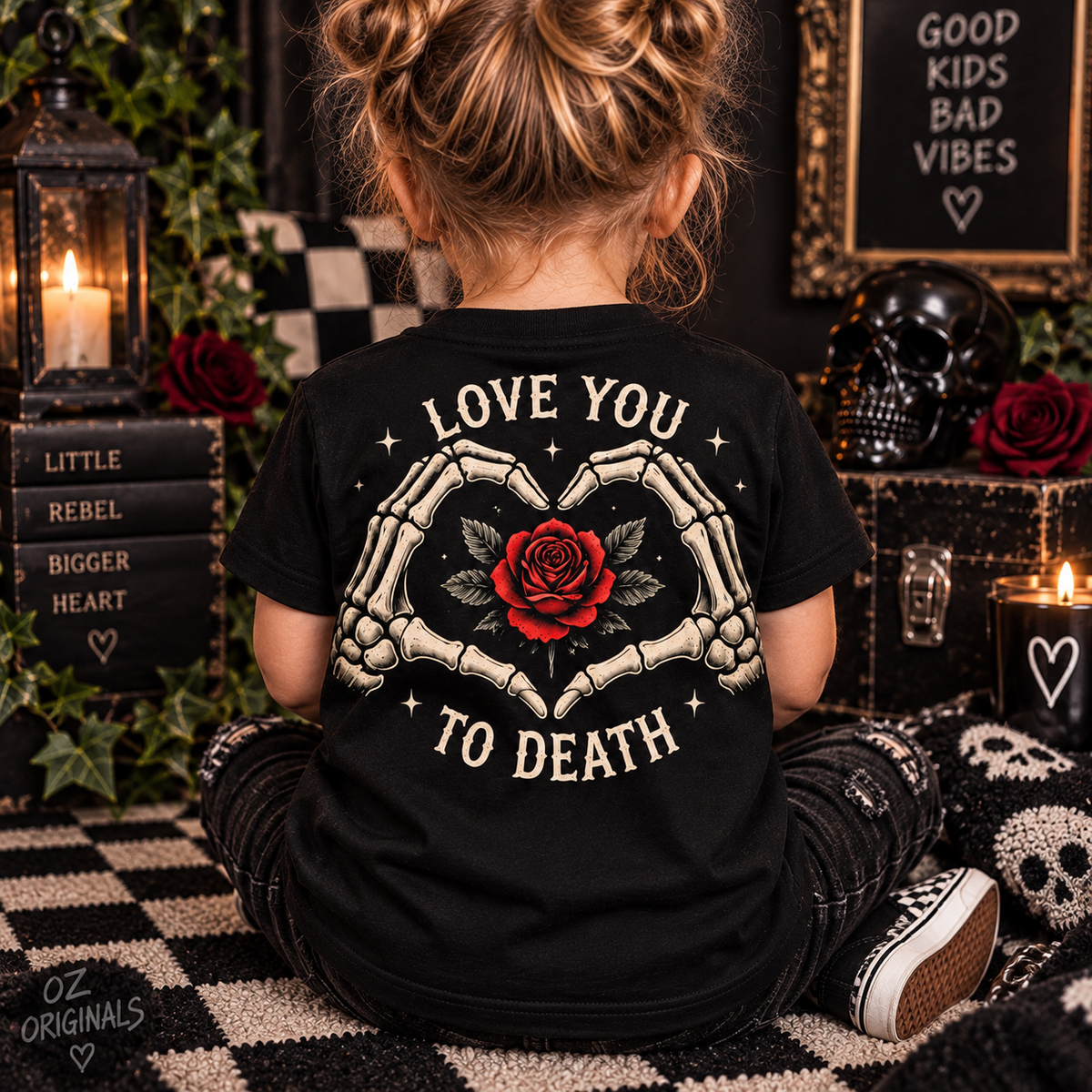 Love You to Death Toddler Tee | Gothic Skeleton Heart & Rose Alternative Kids T-Shirt