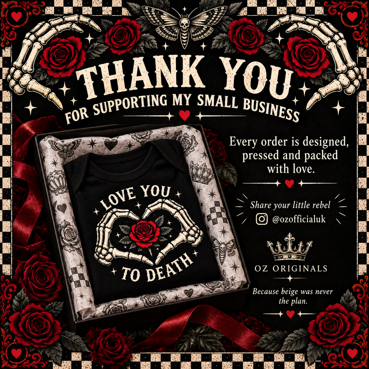 Love You to Death Gothic Baby Vest – Black Skeleton Heart & Red Rose Bodysuit