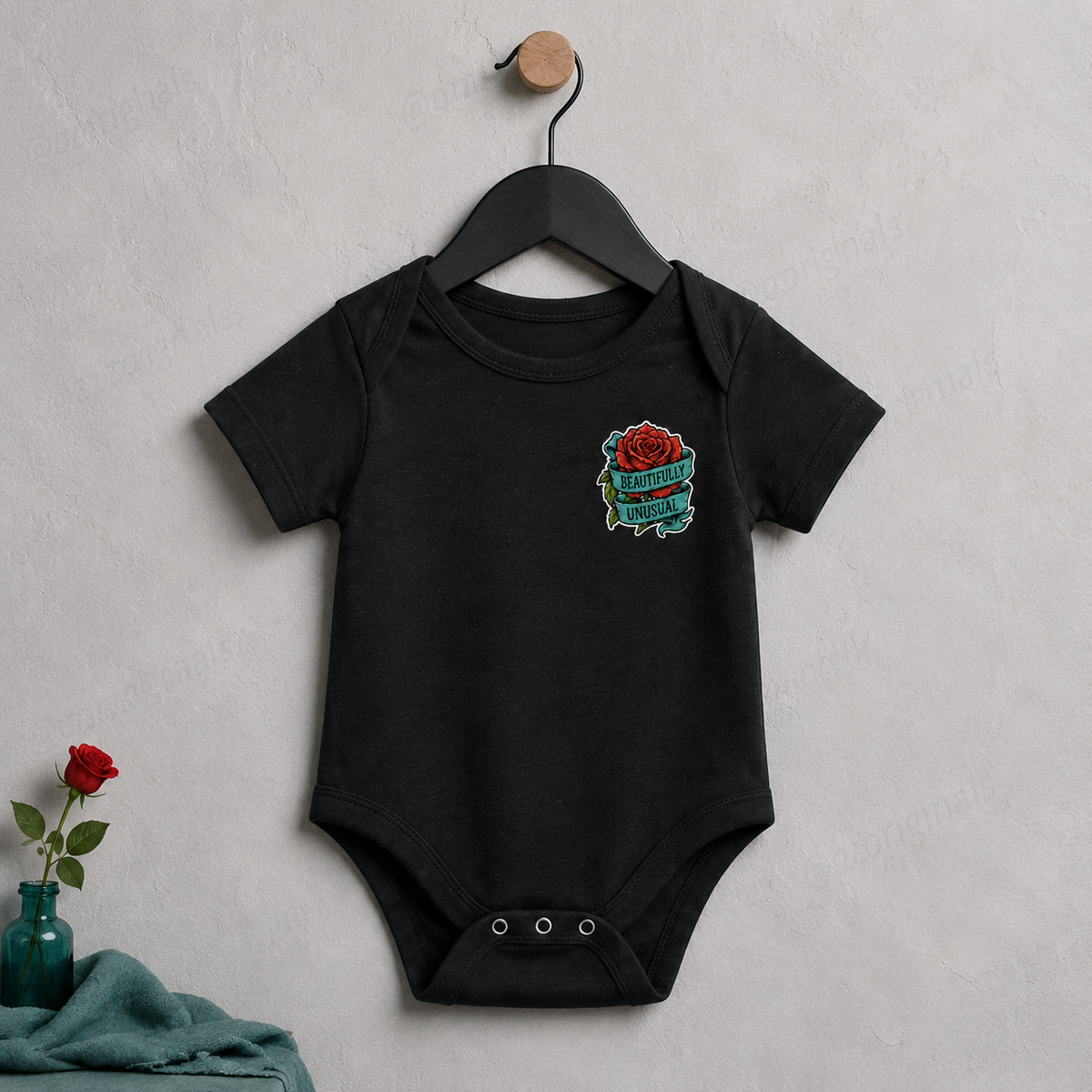 Beautifully Unusual Rose Baby Vest | 2 Print Layout Options | Alternative Tattoo Style Baby Bodysuit 🌹🖤