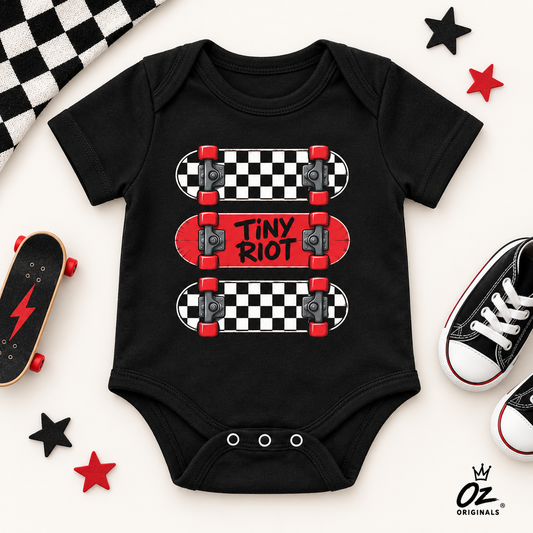 Tiny Riot Skateboard Baby Vest | Alternative Baby Clothes | Checkerboard Punk Baby Outfit