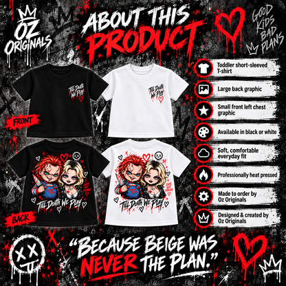 Till Death We Play Chucky & Bride Toddler T-Shirt | Horror Kids Tee | Black or White