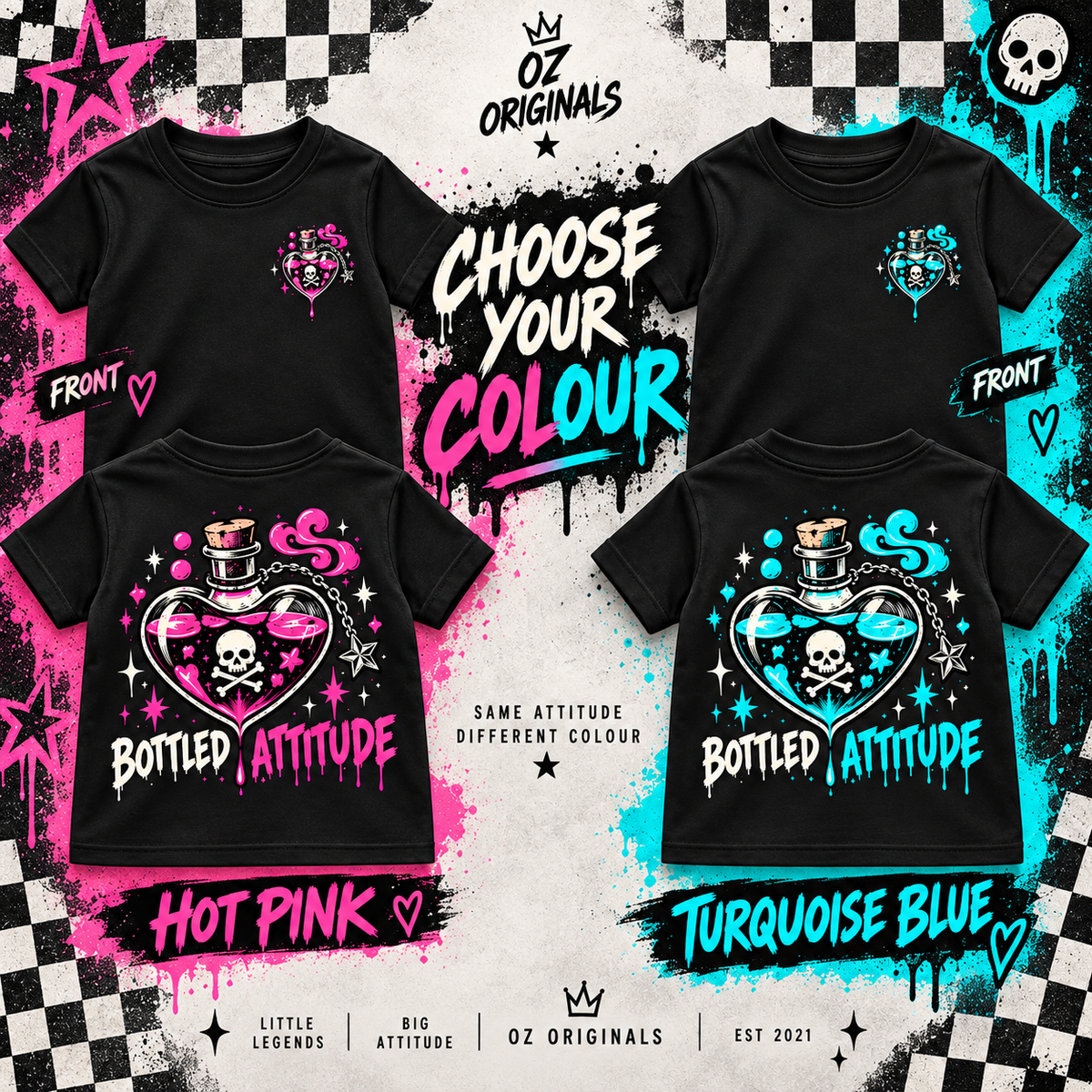 Bottled Attitude Toddler Tee | Hot Pink or Turquoise Blue | Ozzy Flash 🩷🩵