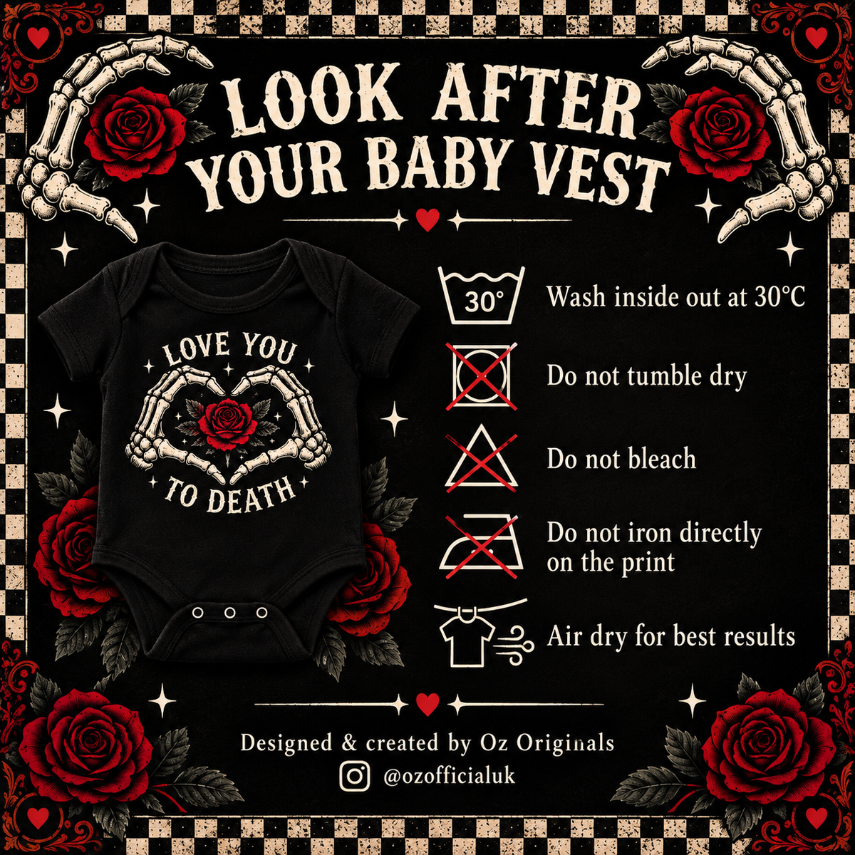 Love You to Death Gothic Baby Vest – Black Skeleton Heart & Red Rose Bodysuit