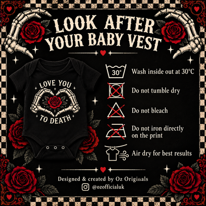 Love You to Death Gothic Baby Vest – Black Skeleton Heart & Red Rose Bodysuit