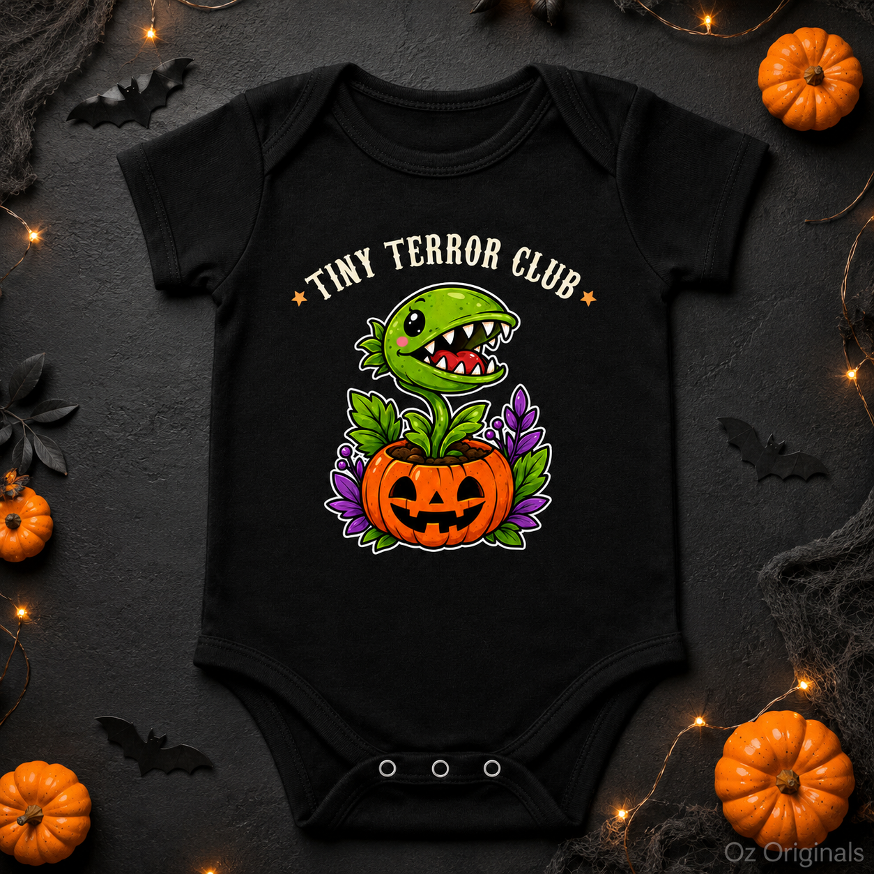 Tiny Terror Club Halloween Baby Vest, Cute Monster Plant Pumpkin Bodysuit, Alternative Spooky Baby Outfit