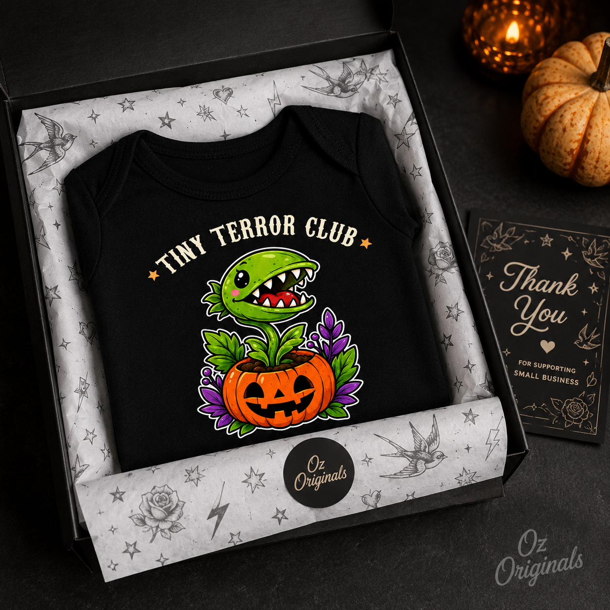 Tiny Terror Club Halloween Baby Vest, Cute Monster Plant Pumpkin Bodysuit, Alternative Spooky Baby Outfit