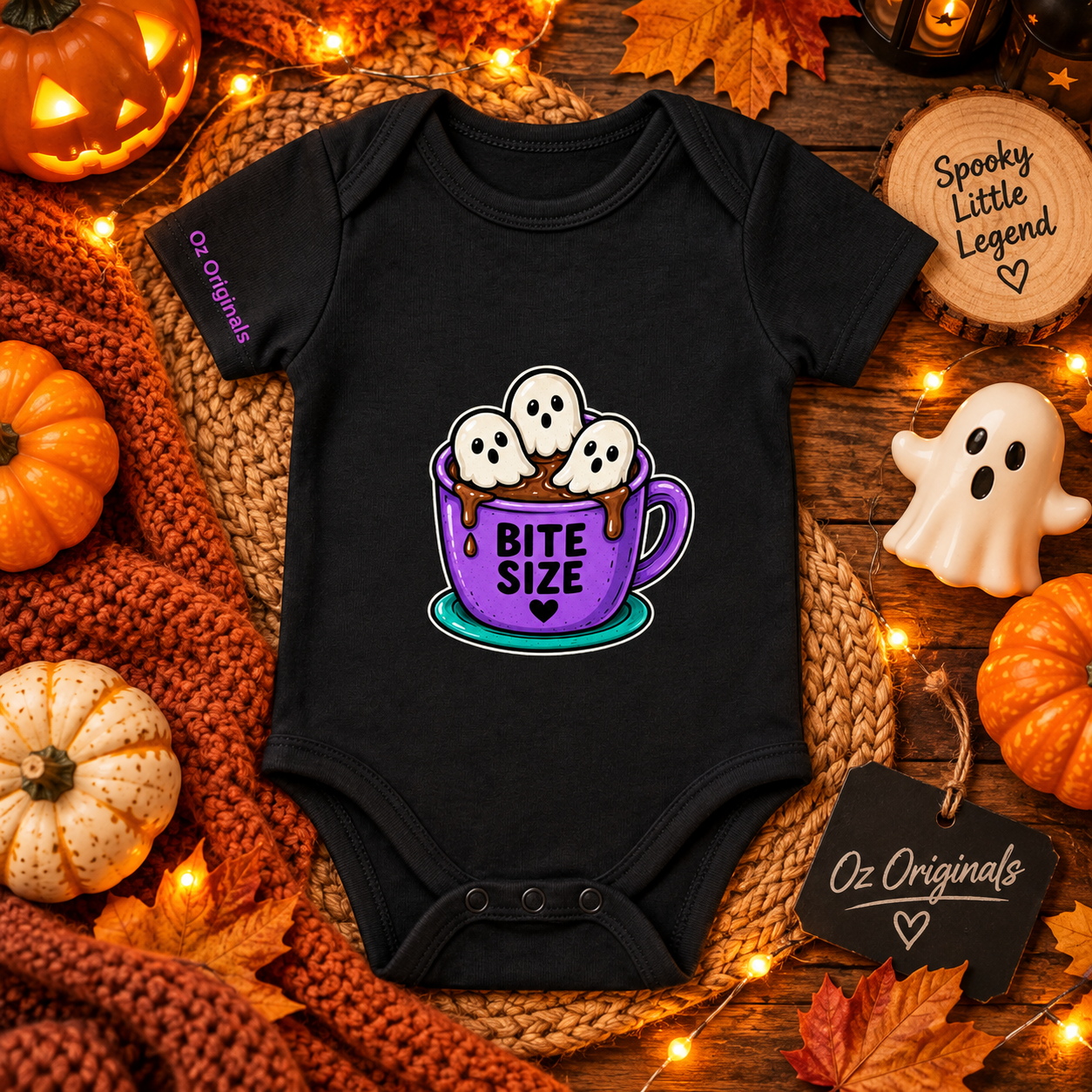 Bite Size Baby Vest | Ghost Hot Chocolate Halloween Baby Bodysuit | October Oddities 👻💜