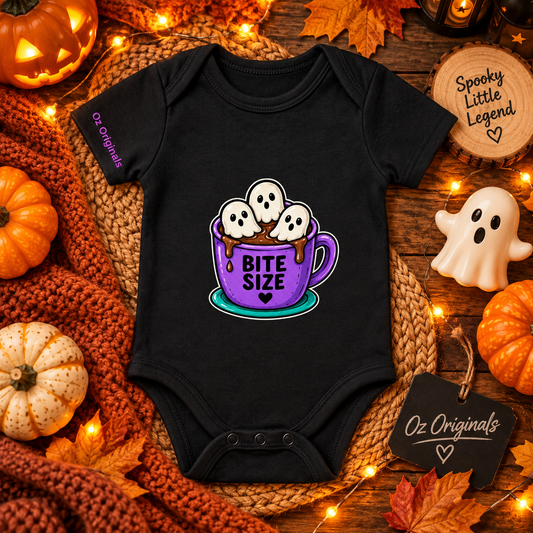 Bite Size Baby Vest | Ghost Hot Chocolate Halloween Baby Bodysuit | October Oddities 👻💜