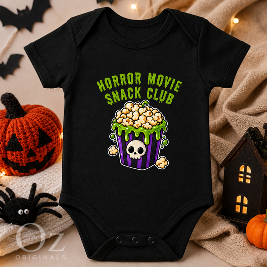 Horror Movie Snack Club Baby Vest | Halloween Baby Clothes | Alternative Baby Bodysuit | Spooky Baby Gift | Goth Baby Vest 🍿 💀