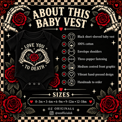 Love You to Death Gothic Baby Vest – Black Skeleton Heart & Red Rose Bodysuit