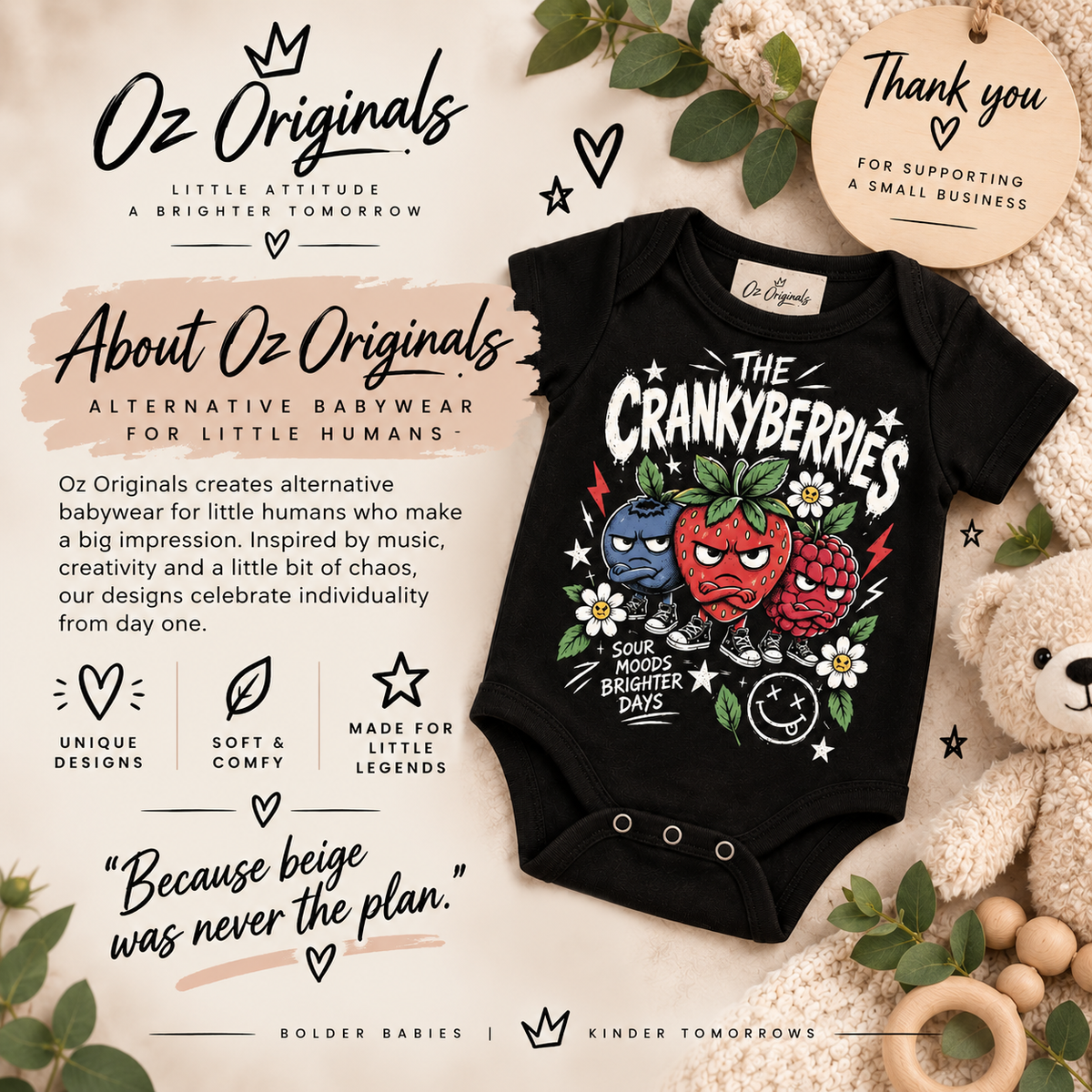The Crankyberries Baby Vest – Black or White | Alternative Baby Clothing