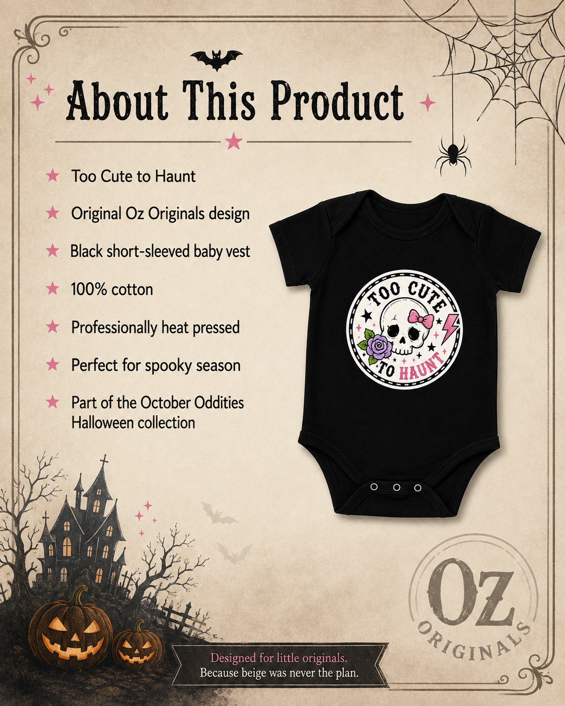 Too Cute to Haunt Halloween Baby Vest, Skull and Rose Bodysuit, Alternative Baby Girl Outfit, First Halloween Gift