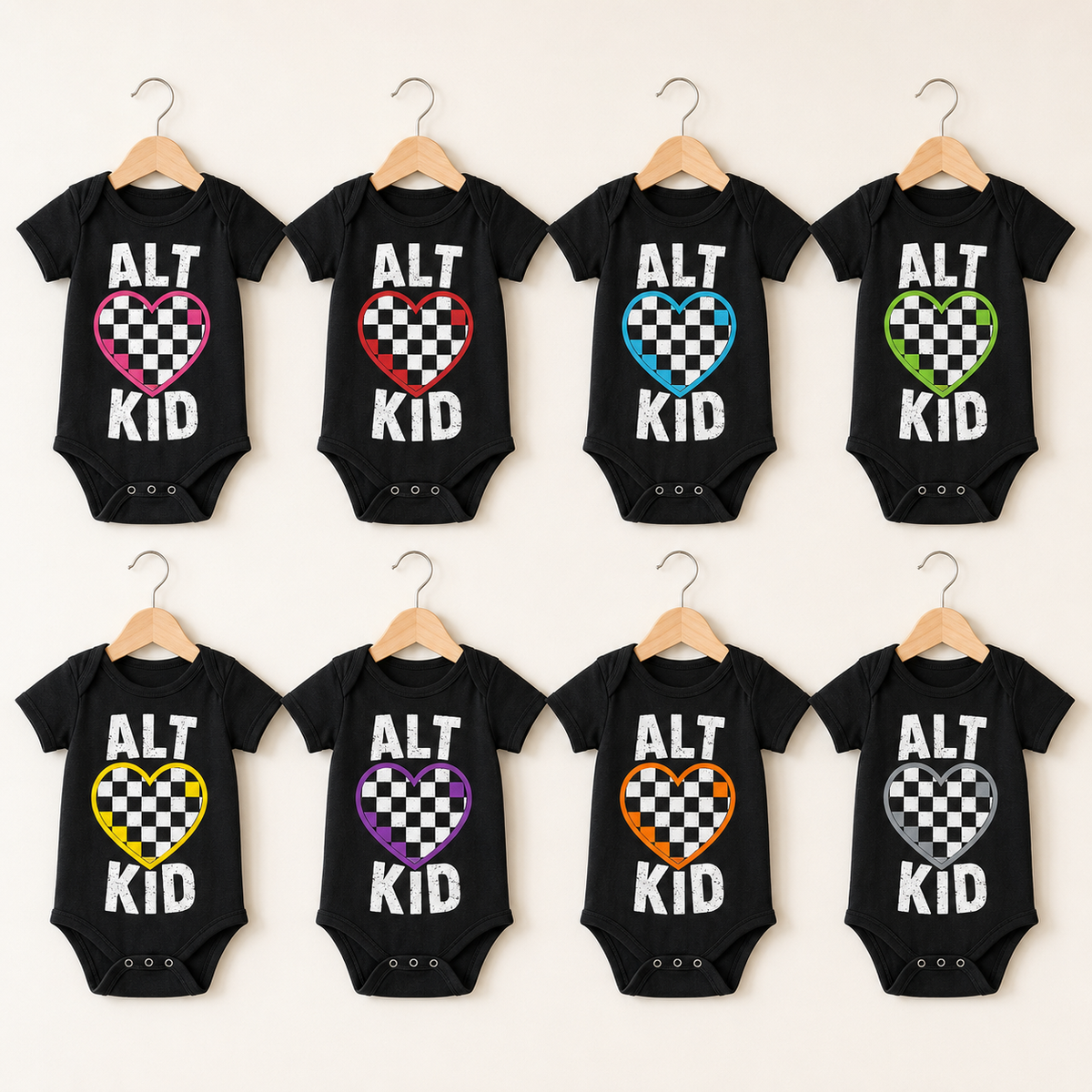 ALT KID Checkerboard Heart Baby Vest | 8 Colour Options | Alternative Punk Baby Bodysuit 🖤🩷💜💙❤️💚💛🧡