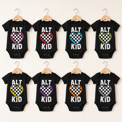 ALT KID Checkerboard Heart Baby Vest | 8 Colour Options | Alternative Punk Baby Bodysuit 🖤🩷💜💙❤️💚💛🧡