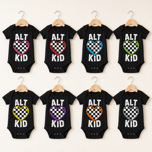 ALT KID Checkerboard Heart Baby Vest | 8 Colour Options | Alternative Punk Baby Bodysuit 🖤🩷💜💙❤️💚💛🧡