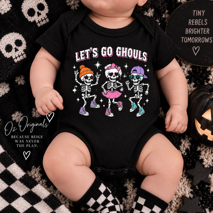 Let’s Go Ghouls Baby Vest | Dancing Skeleton Halloween Baby Bodysuit | October Oddities 💀🖤