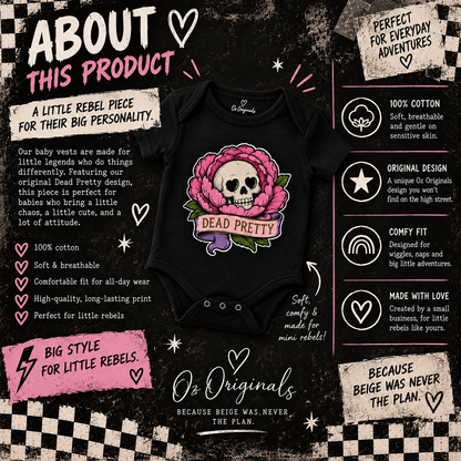 Dead Pretty Baby Vest | Skull & Pink Flower Alternative Baby Bodysuit | Gothic Baby Clothes flower 🩷