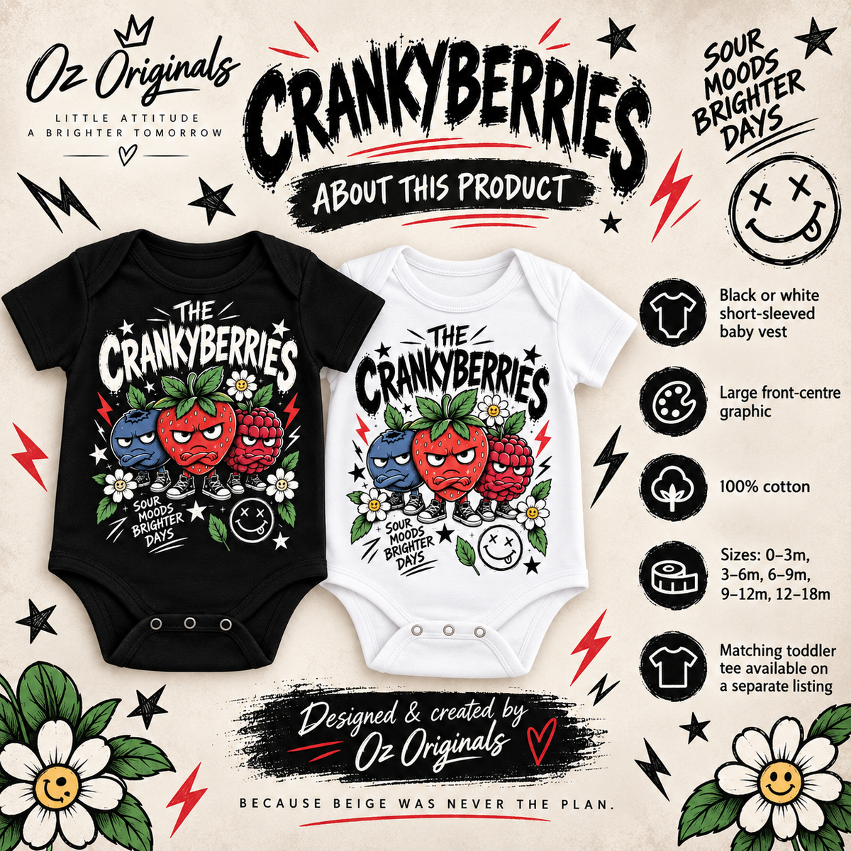 The Crankyberries Baby Vest – Black or White | Alternative Baby Clothing