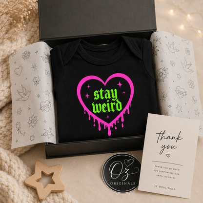 Stay Weird Baby Vest | Halloween Baby Clothes | Alternative Baby Bodysuit | Goth Baby Vest | Spooky Baby Gift | October Oddities 🩷💚